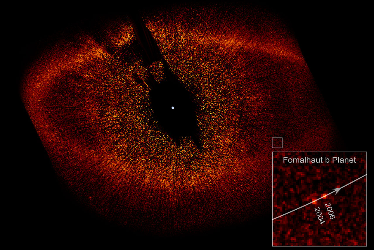 Estimated to be no more than three times Jupiter's mass, the planet, called Fomalhaut b, orbits the bright southern star Fomalhaut, located 25 light-years away in the constellation Piscis Austrinus (NASA/ESA)