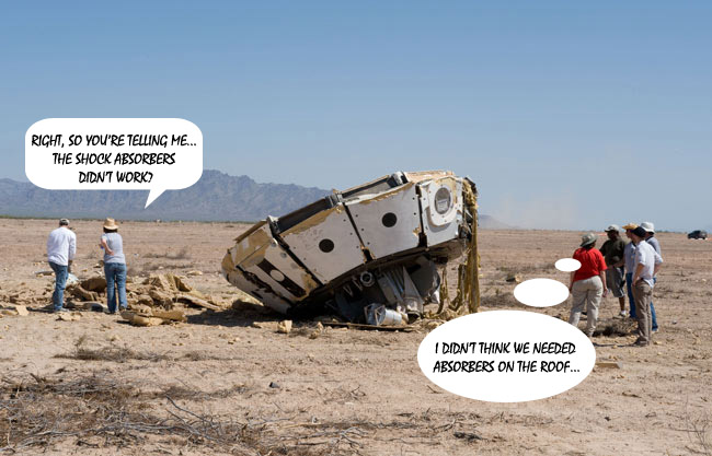 During an earlier test, the Orion parachutes failed to open as planned, face-planting the capsule into the desert (NASA)