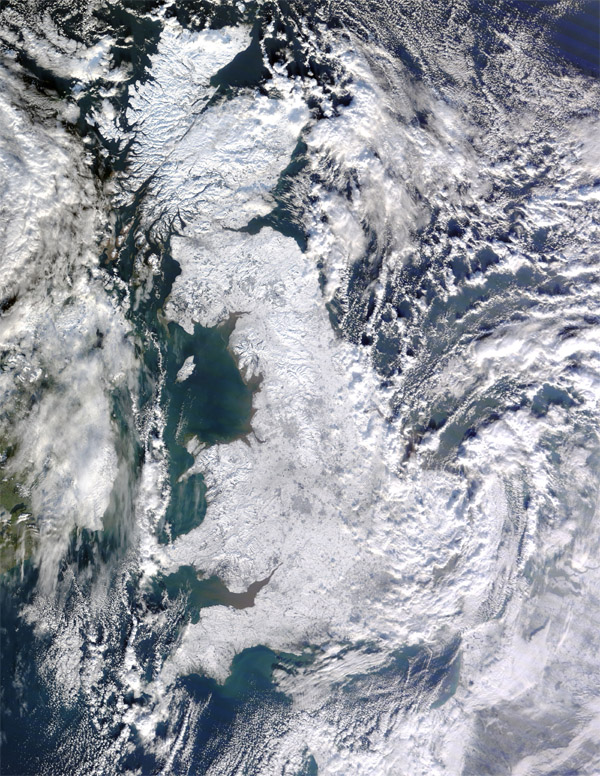 A Terra Satellite view of the UK snow (NASA)
