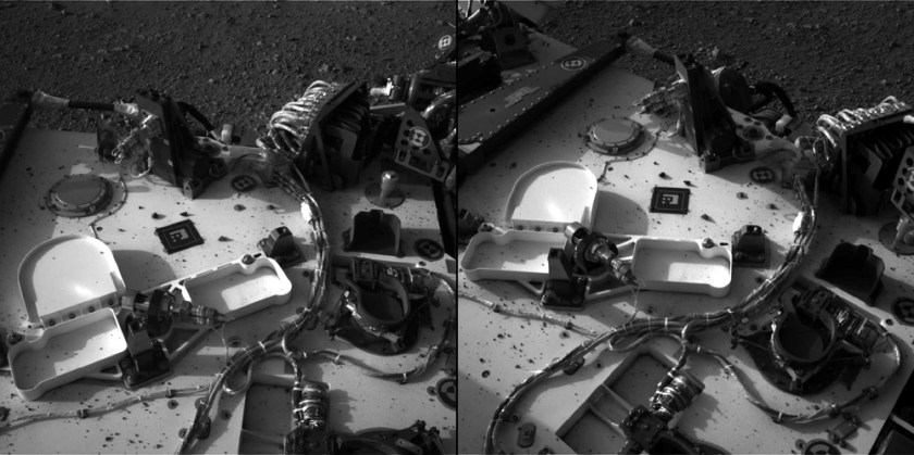 The view through Curiosity's left (A) and right (A) Navcams, looking down on the deck of the rover. Credit: NASA/JPL-Caltech
