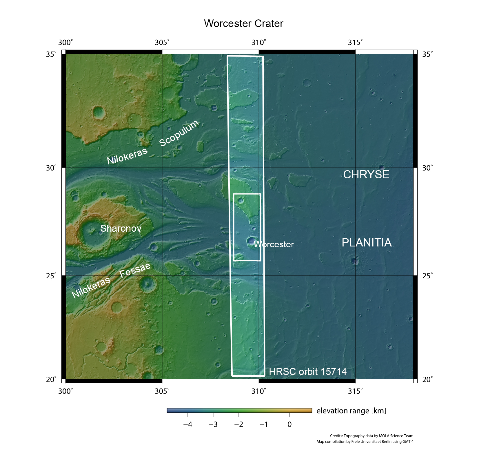 This context image shows a region of Mars where Kasei Vallis empties into the vast Chryse Planitia (NASA MGS MOLA Science Team)